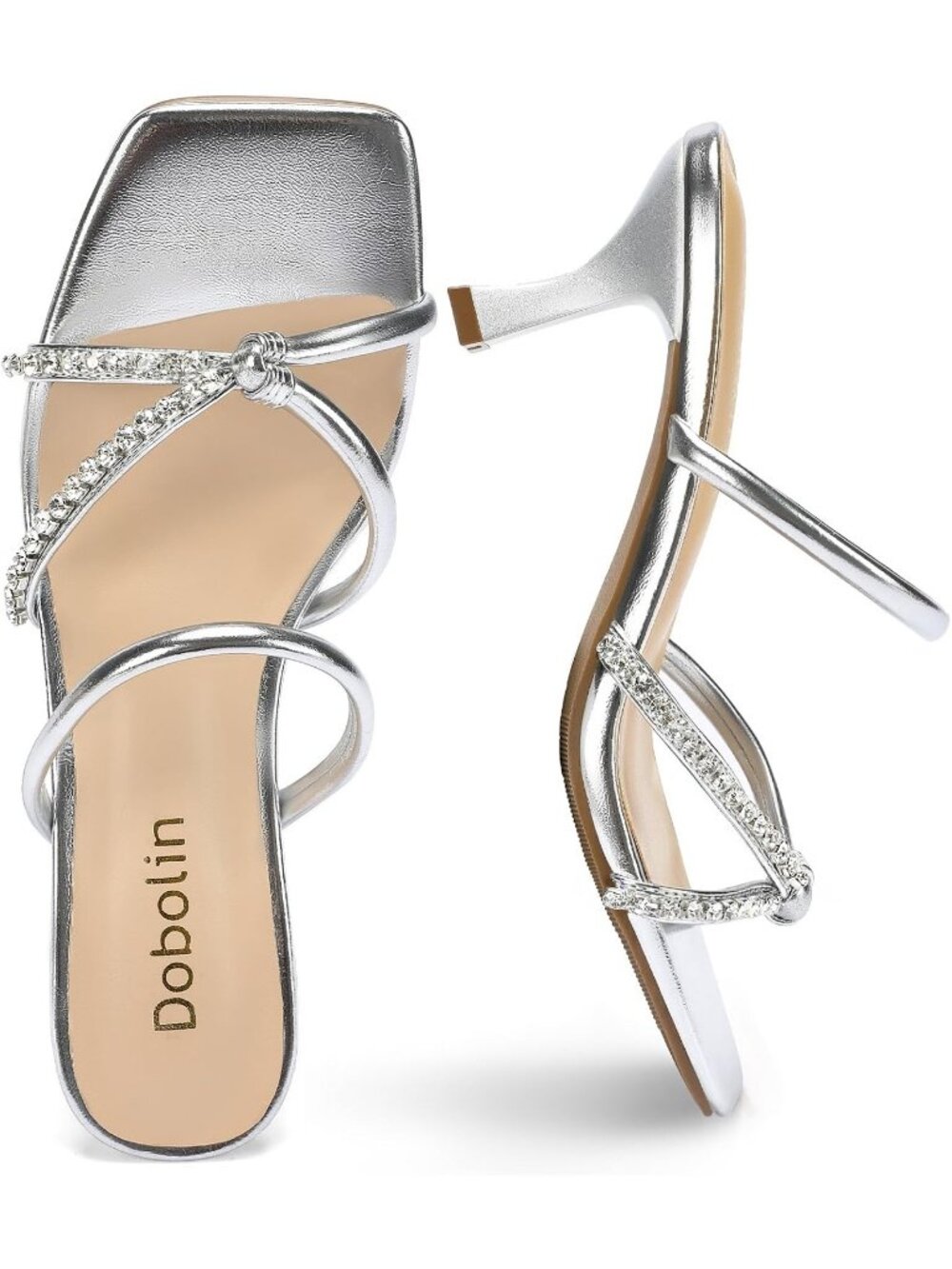 Women's Silver Summer Comfortable Open Toe Strappy Slides Kitten Heeled Sandals